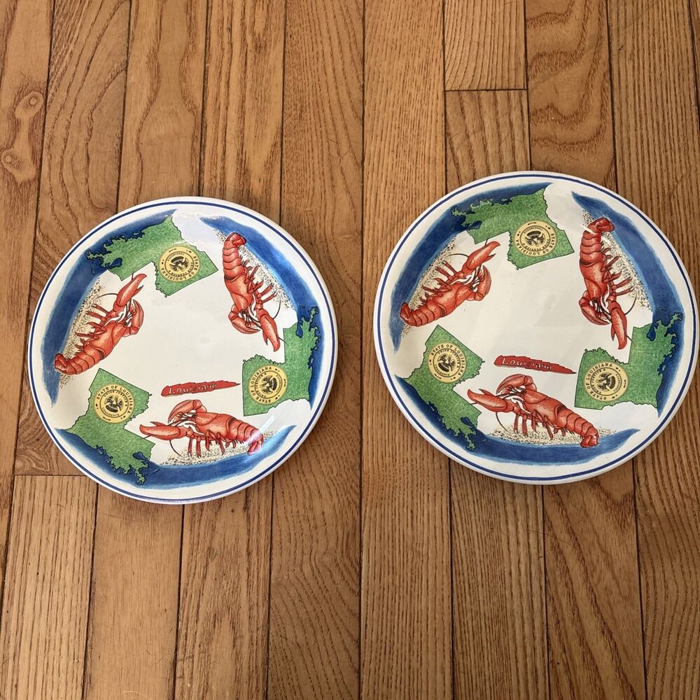 2 vintage delchamps Louisiana genuine stoneware crawfish theme plate 7.75”